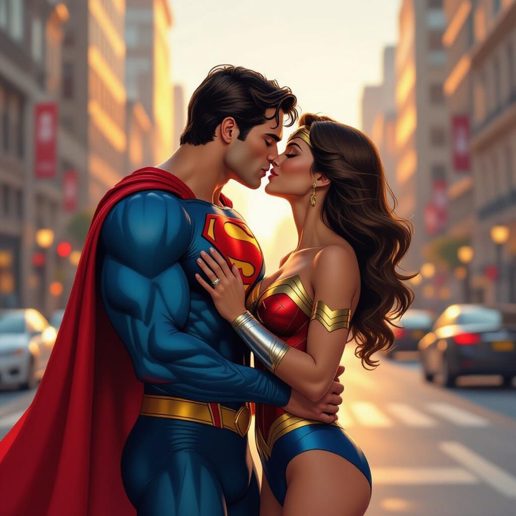 Superman and Wonder Woman's Passionate Metropolis Kiss