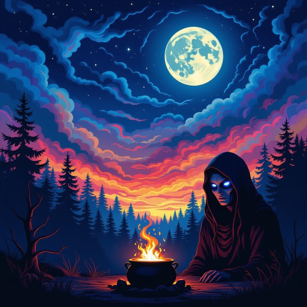 Mysterious Twilight Forest with Smoking Cauldron