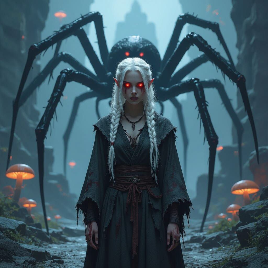 Terrified Drow Acolyte in Gothic Spider Temple