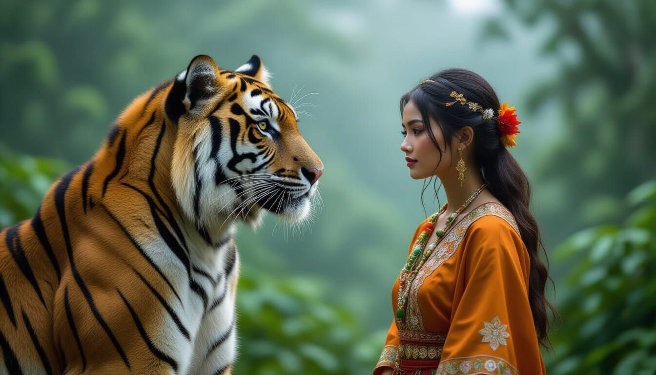 Sumatran Tiger and Forest Guardian Girl in Dreamy Jungle