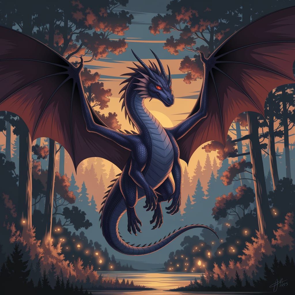 Majestic Dark Dragon Soaring in Twilight Forest