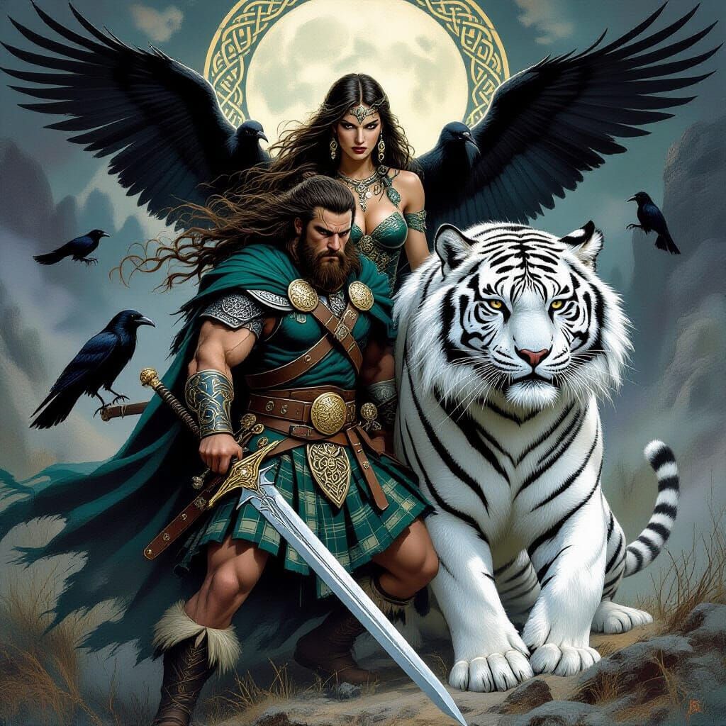 Celtic Warrior, Tiger, and Morrigan in Dark Fantasy Art