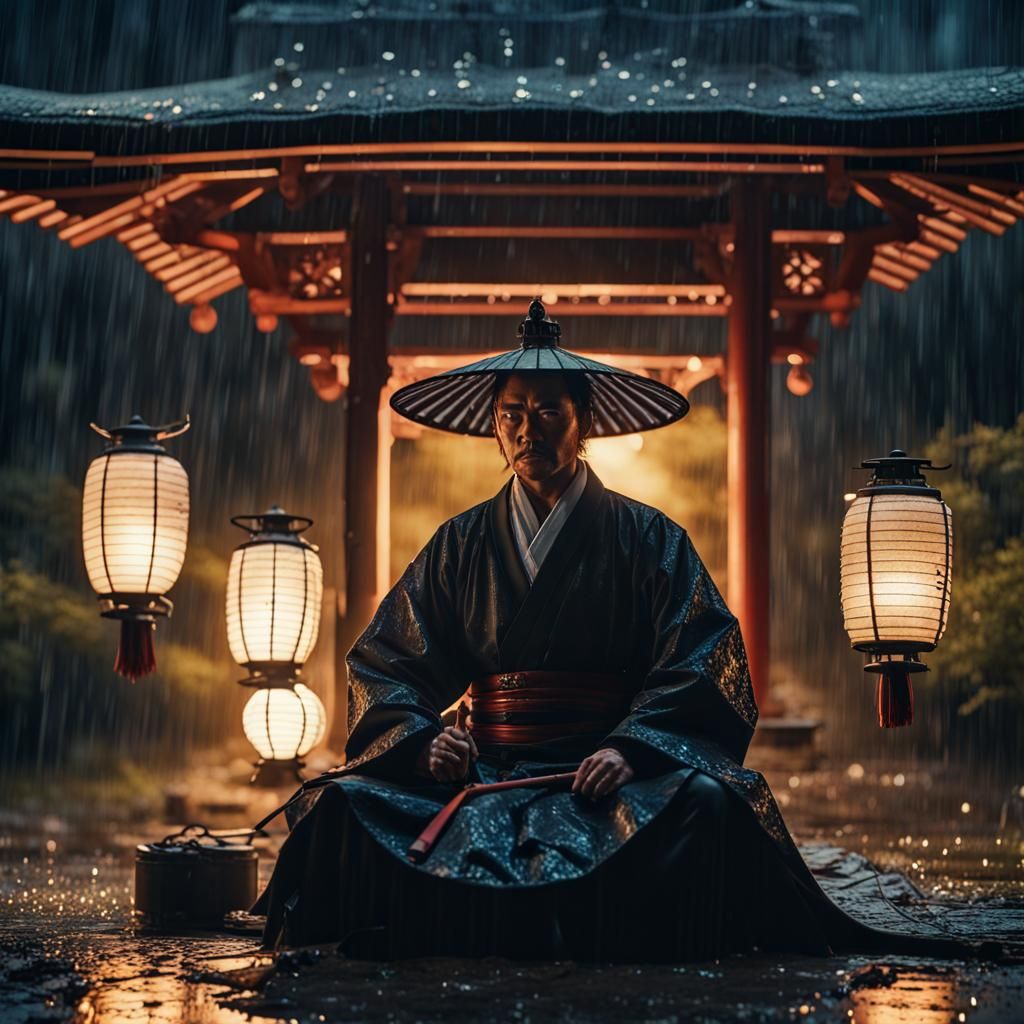Samurai in Rainy Scene with Lantern