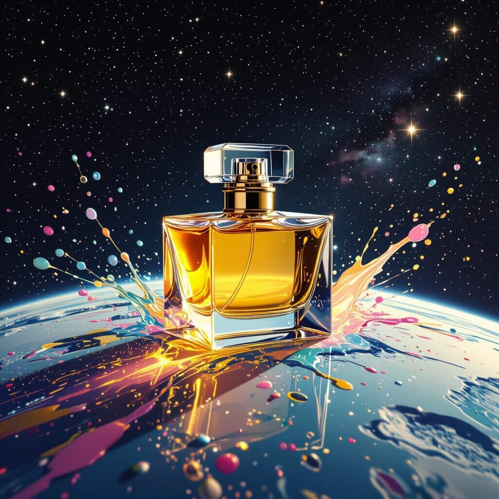 Perfume Bottle on Earth Amidst Cosmic Splashes