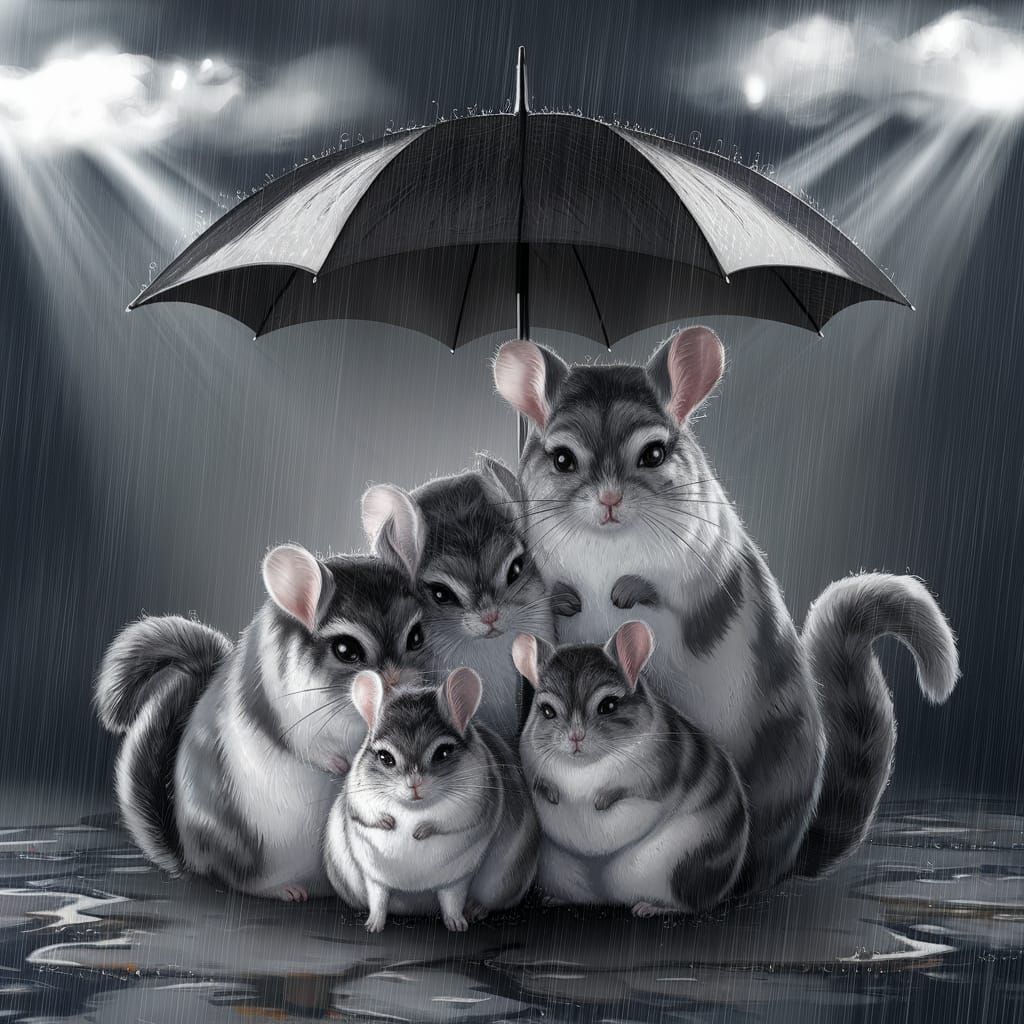 Chinchillas Cuddle Under Umbrella in Rainy Day