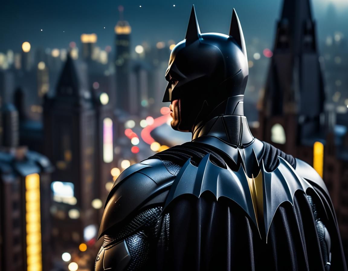 Batman Overlooking Gotham: Cinematic 35mm Photograph