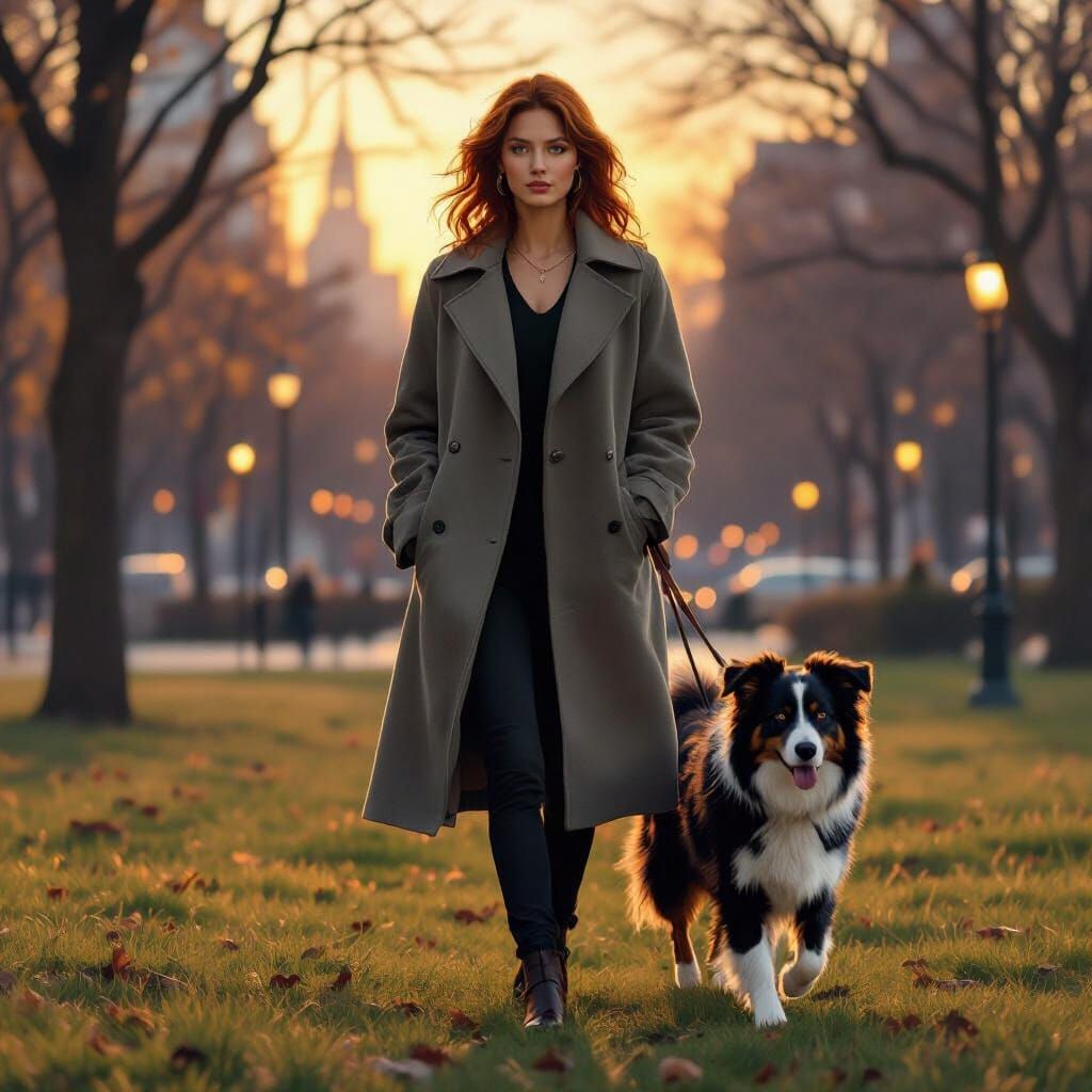 Determined Woman Walks Dog in Park at Dusk, Impressionist St...
