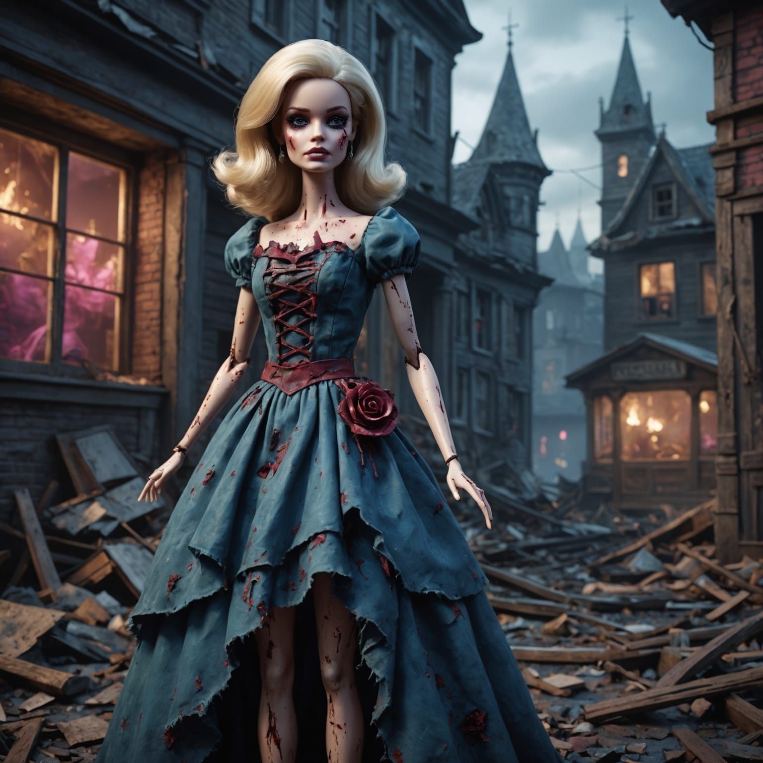 Zombie Barbie in Detailed Matte Painting Style