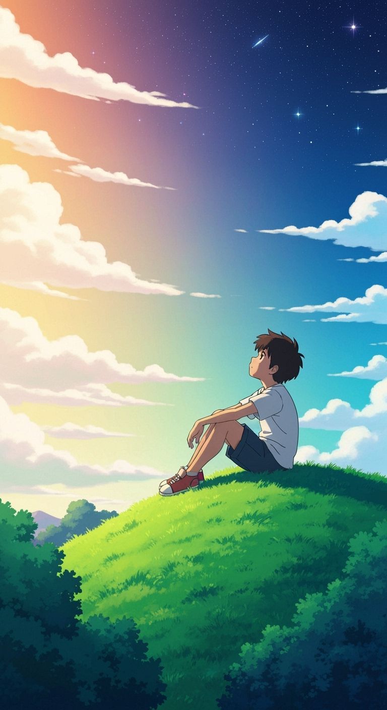 Boy Watches Sky Transition from Day to Night in Whimsical St...