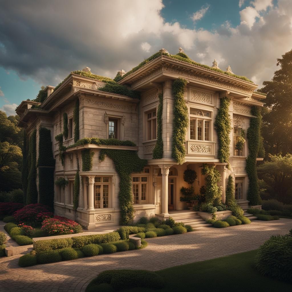 Classic Building in Lush Garden, Cinematic Film Still