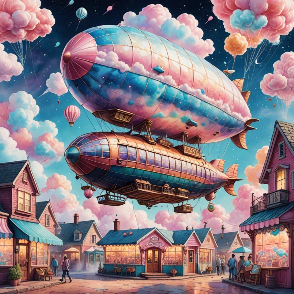 1950s Airship Over Cotton Candy Shop: Fantasy Illustration