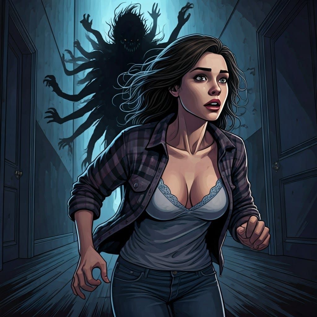 Woman Fleeing Shadowy Figures in Digital Art