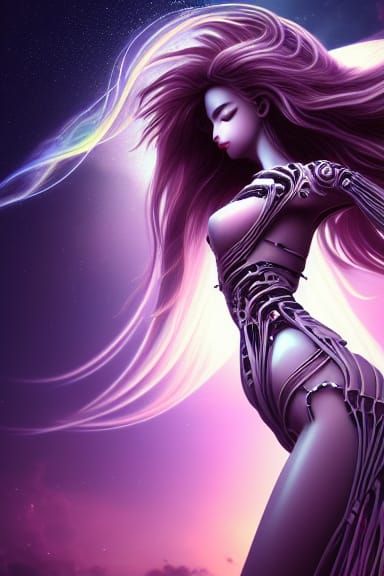 Biomechanical Goddess with Nebula Background in Anime Style