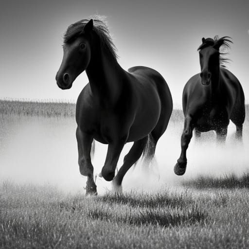Horses Running in Field: Black and White Photography