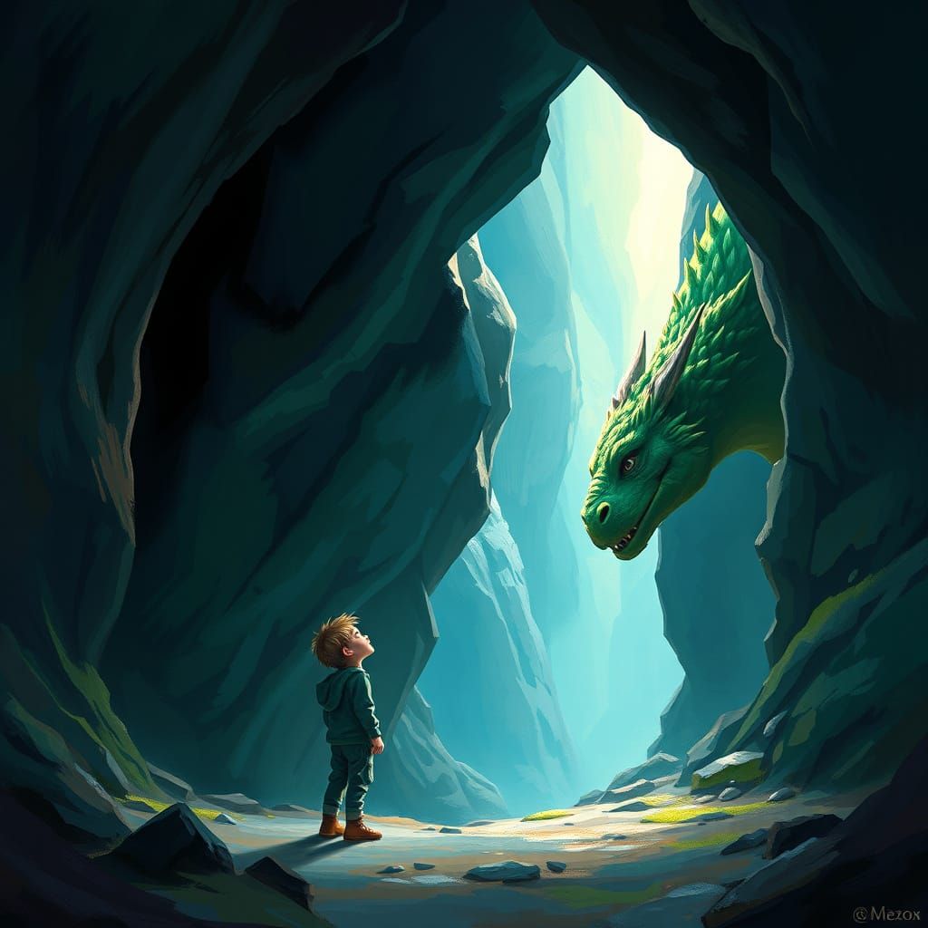 Detailed oil painting of a beach. A little boy stands in a cave. He looks up at his friend, a big, green, friendly drago...