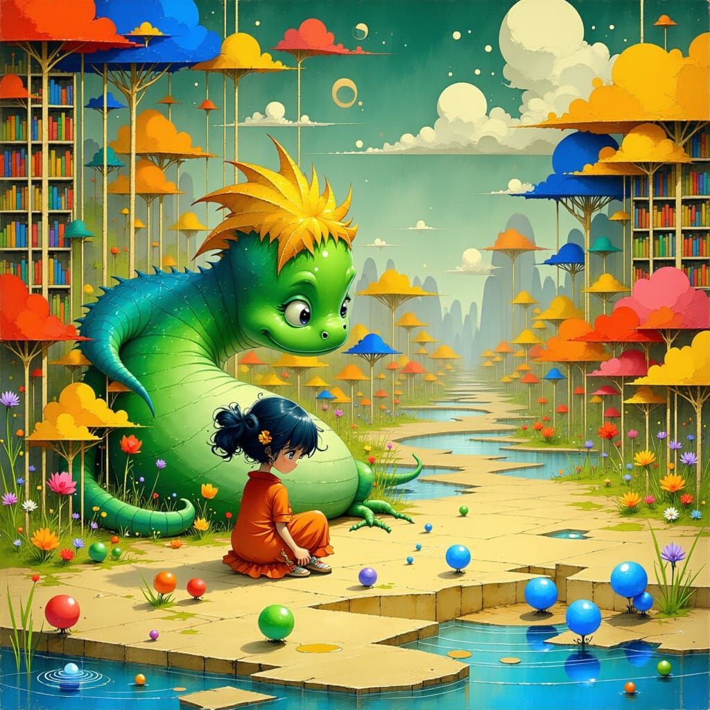 Whimsical Dragon and Fluffy Critters by Bubble Pond