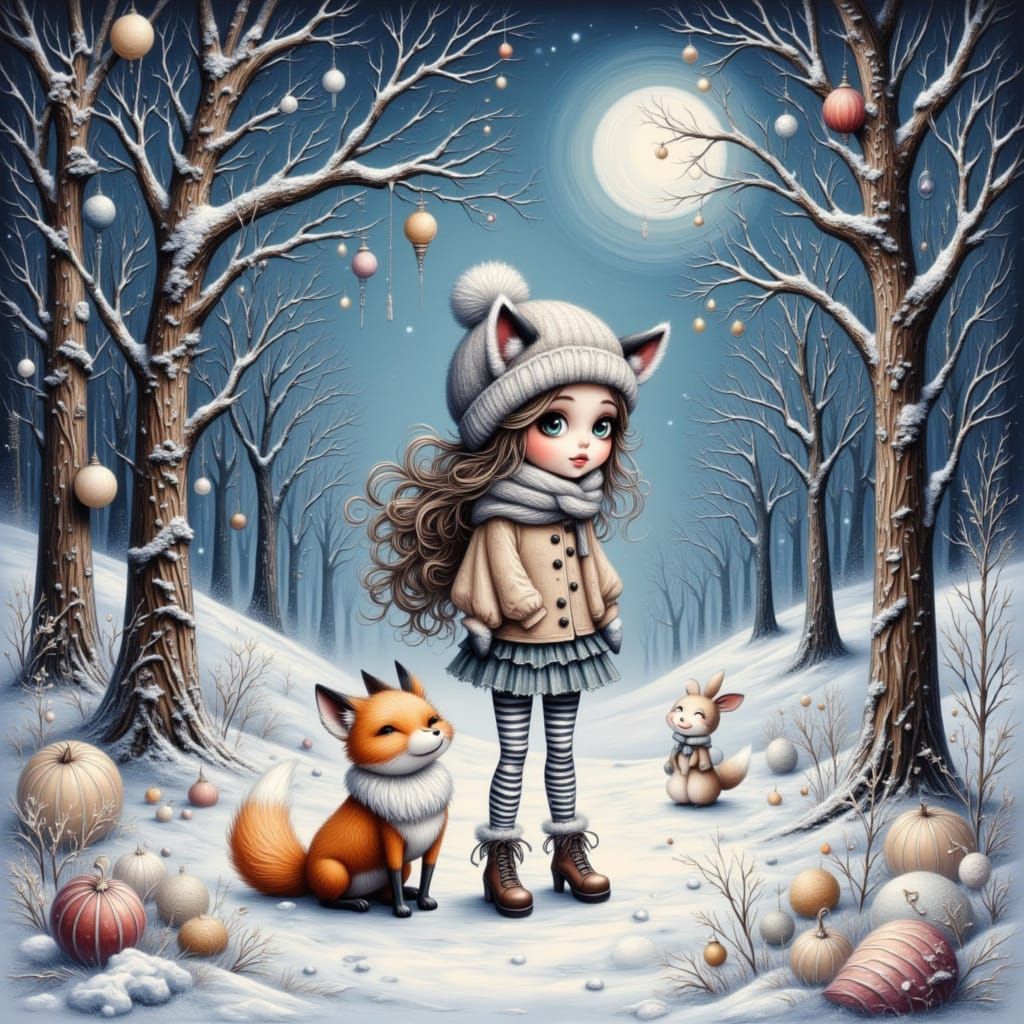 Cute Girl and Fox in Snowy Forest Under Starlit Moon