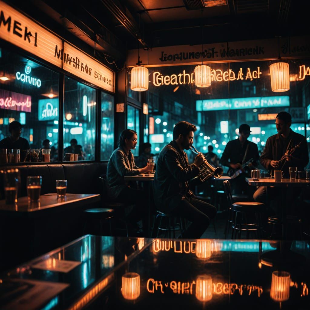 Night Cafe Double Exposure with Neon Lights