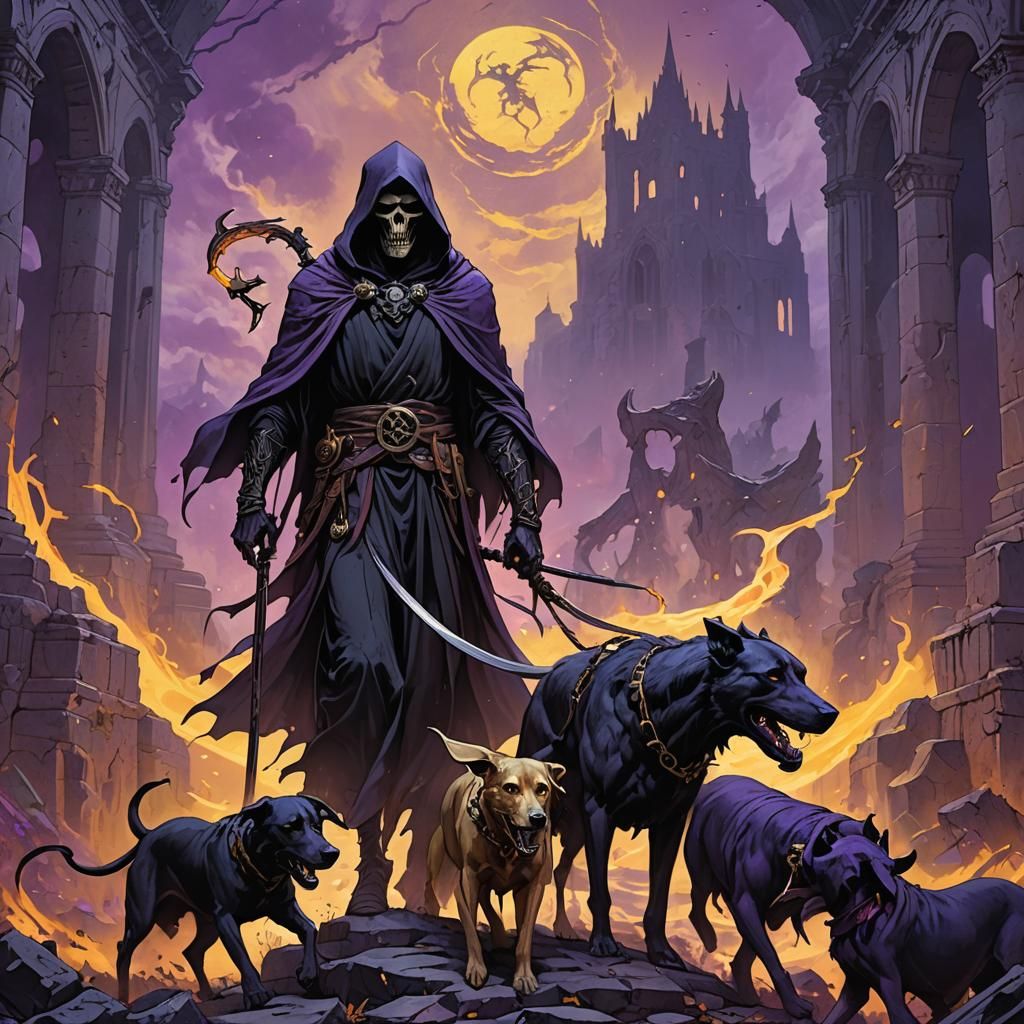 Grim Reaper's Hellhound Walk: Dark Fantasy Art