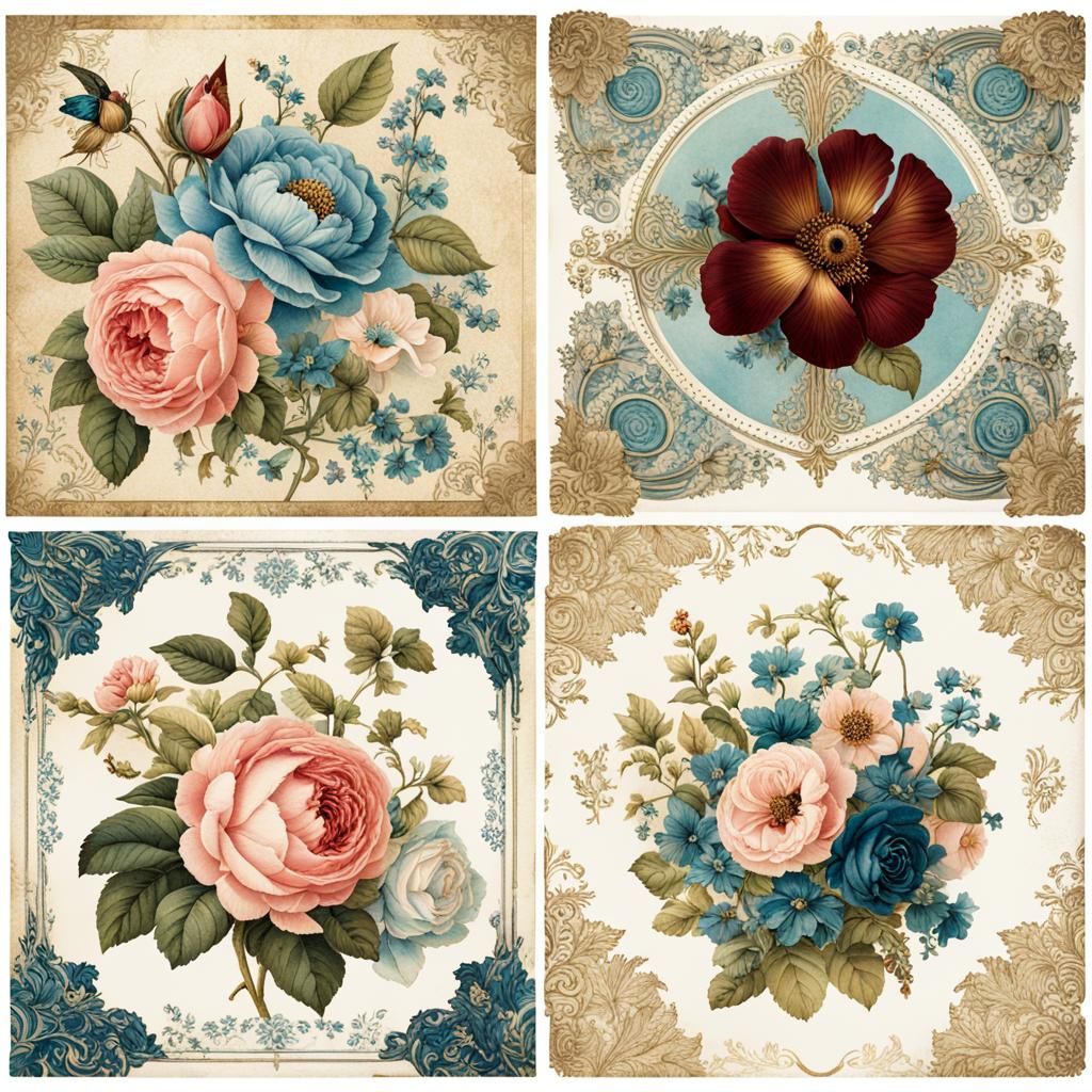 Vintage Gothic Floral Scrapbook Elements in Watercolor