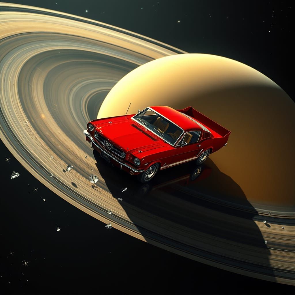 Classic Cars Cruise Saturn's Rings in Retro-Futuristic Scene