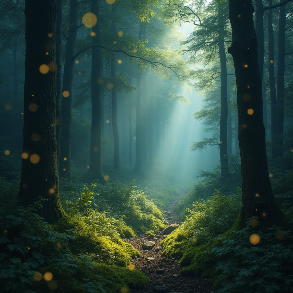 Whimsical Forest Illuminated by Sunlight and Fireflies