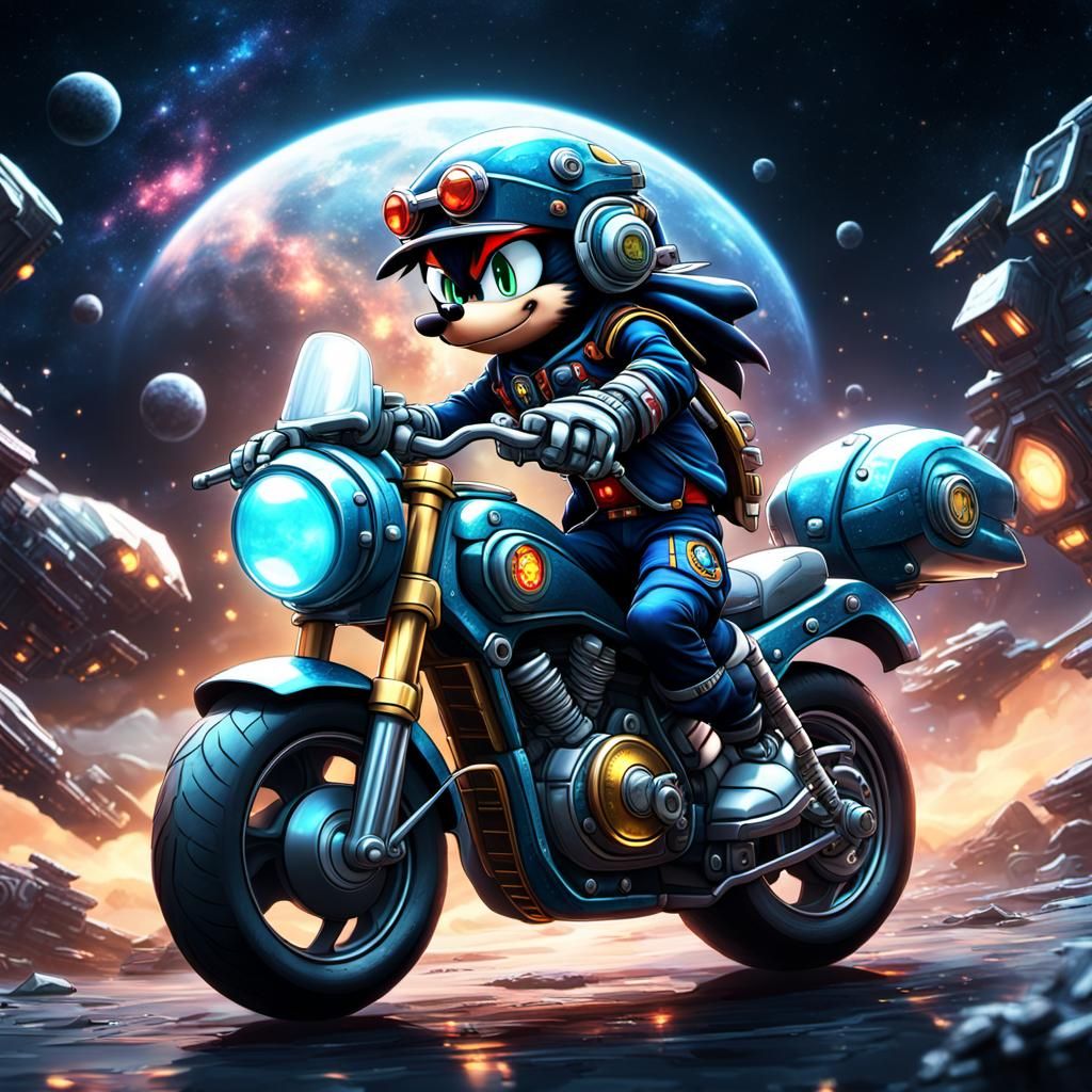 Klonoa Rides Cyberpunk Motorcycle Through Space