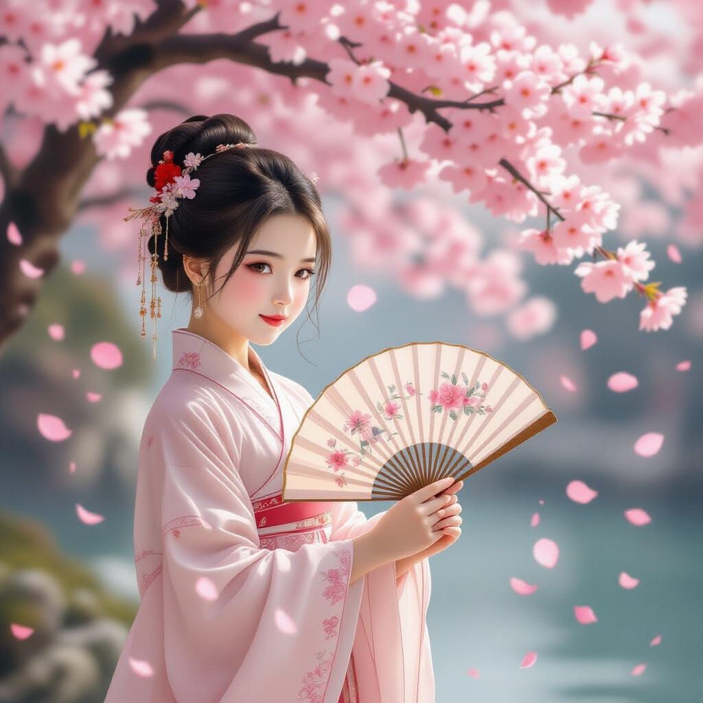 Chinese Girl with Cherry Blossoms in Ink Wash Style