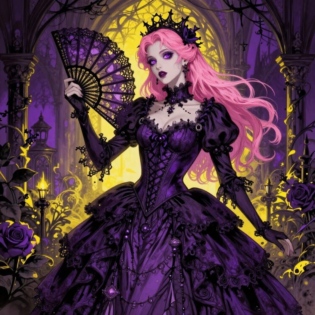 Gothic Garden Serenity with Pink Haired Woman