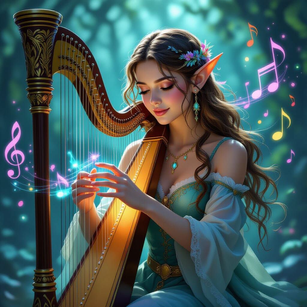 Enchanting Elf Musician Weaving Sound Magic with Harp