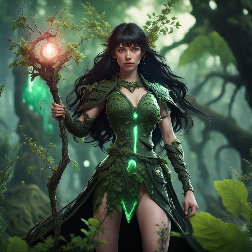 Magical Druid Girl with Plant Robe, Fantasy Art