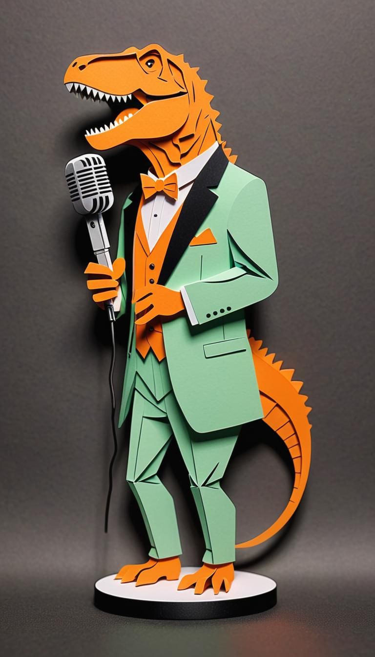 Orange Tuxedo T-Rex Stand-Up in Kirigami Style