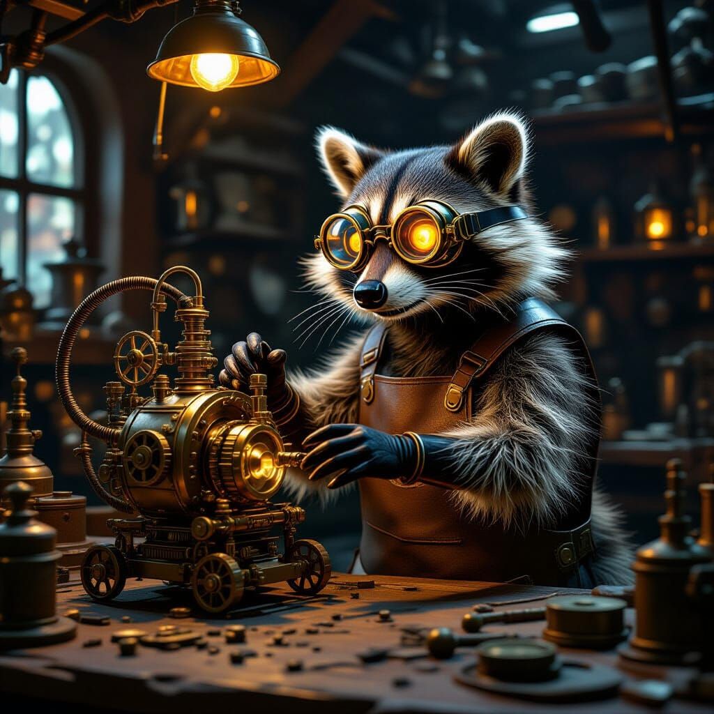 Steampunk Raccoon Crafts Automaton in Oil Painting Style
