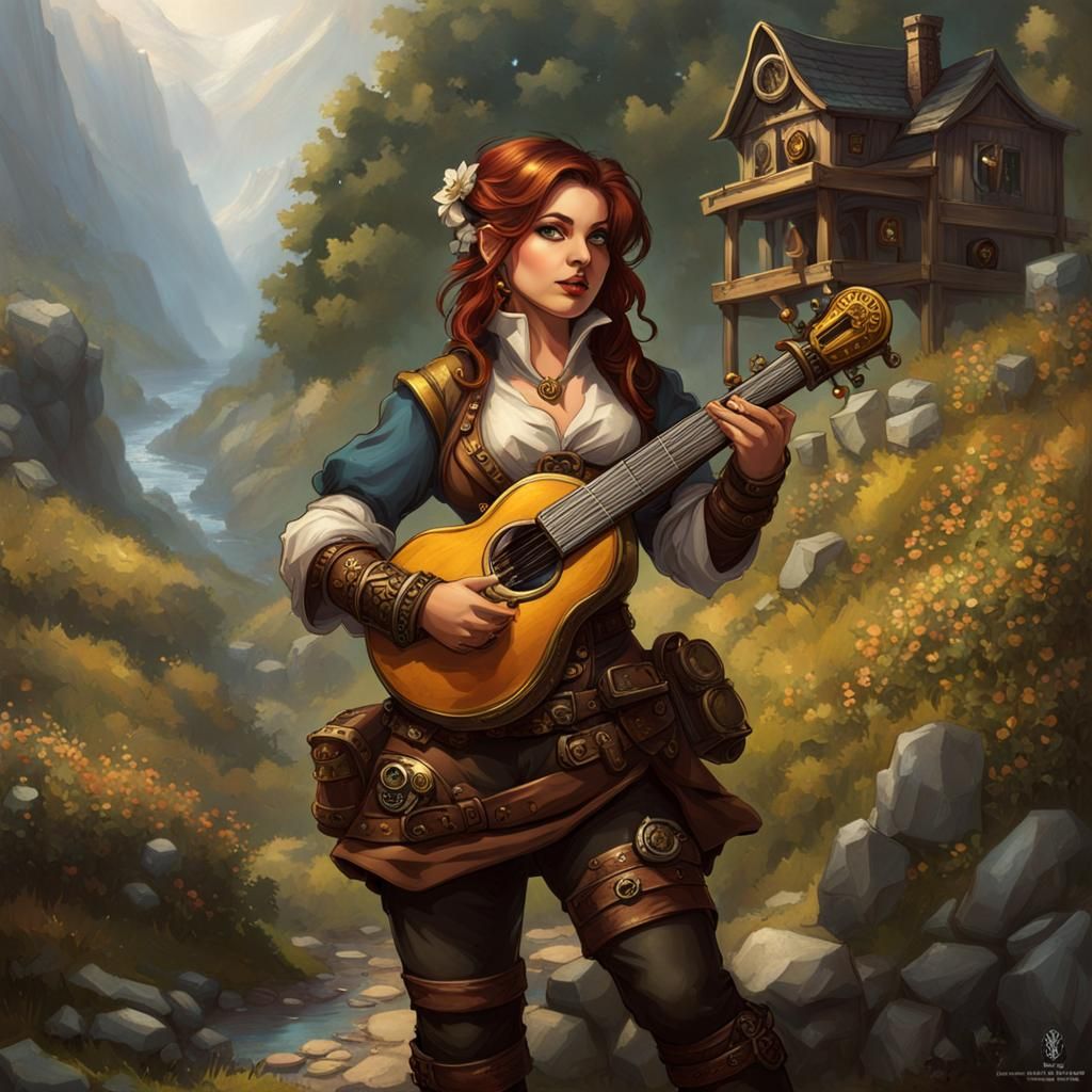 Steampunk Female Halfling Bard with Engine