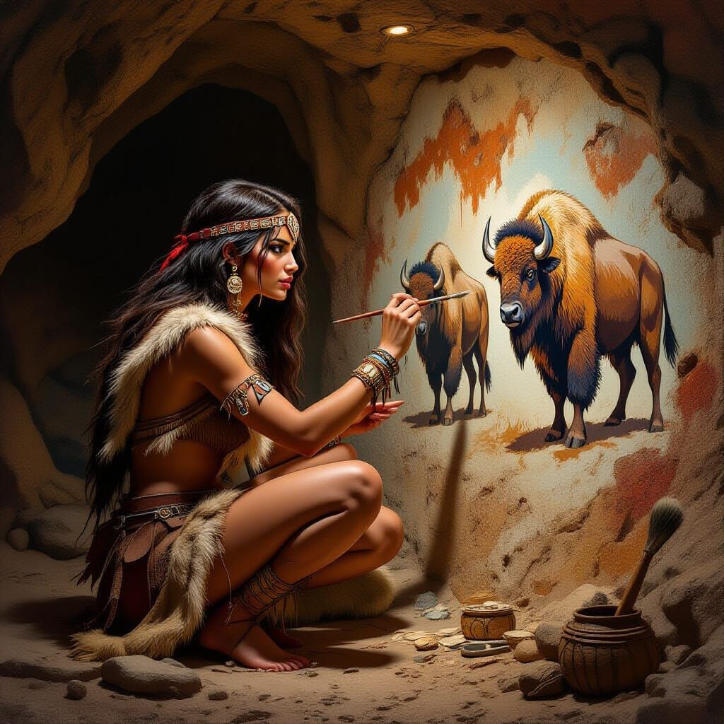 Cavewoman Painting Bison: Textured and Realistic