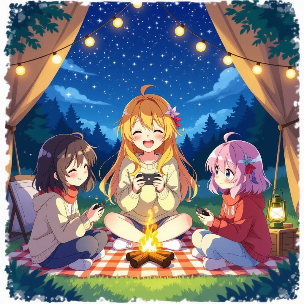 Anime Girl's Cozy Campsite Under Starry Sky