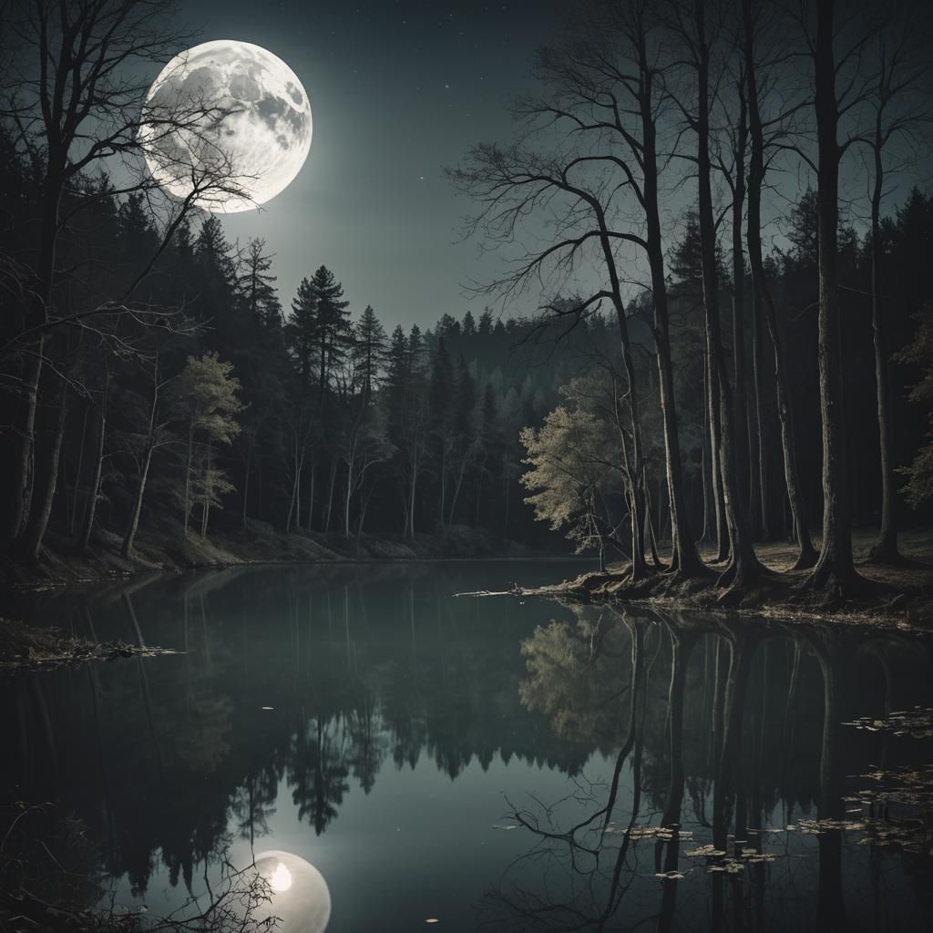 Moonlit Lake Surrounded by Trees at Night