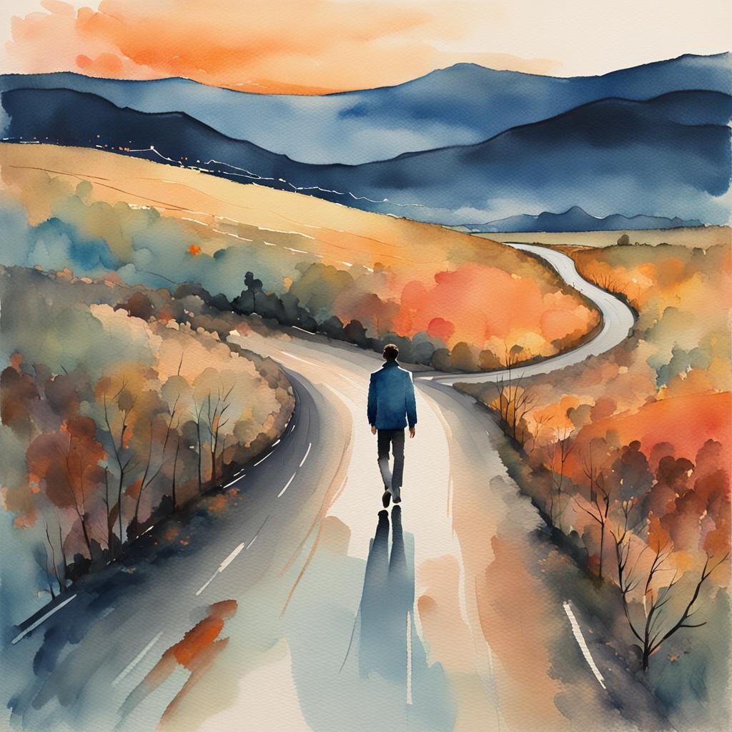 Weary Traveler on Winding Road: Watercolor Expressionism