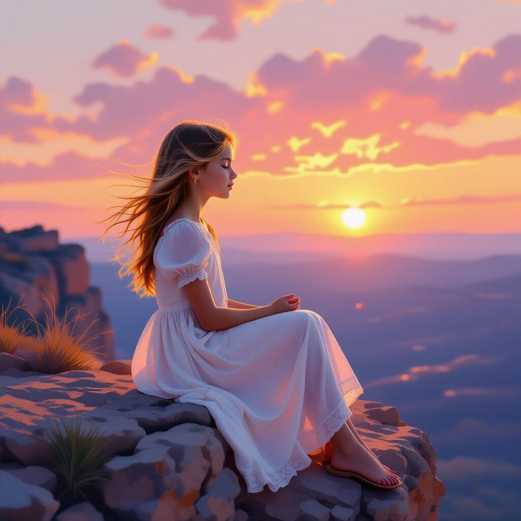 Girl Contemplating Sunset on Cliffside in Impressionist Styl...