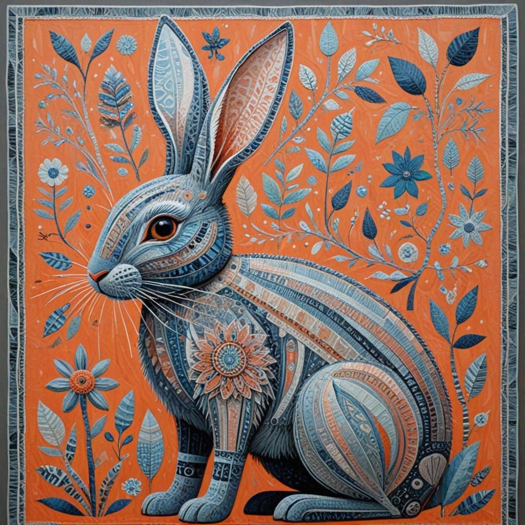 Whimsical Textile Art Bunny in Vibrant Peach and Gray