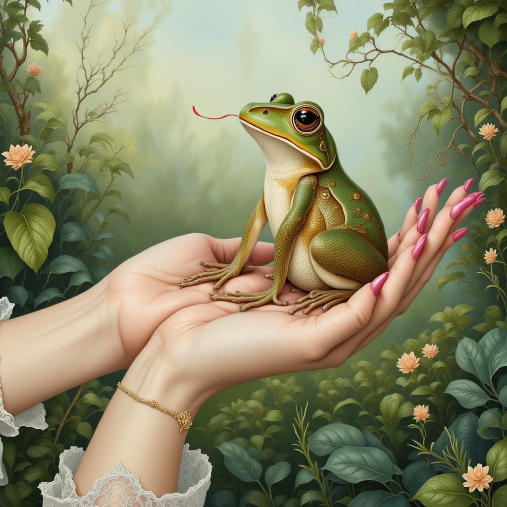 Whimsical Watercolor Frog Scene with Pink Nails