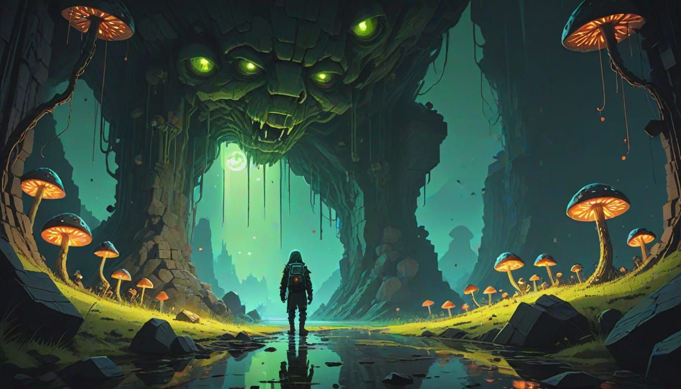 Glowing Creeper in Dark, Gothic Cave