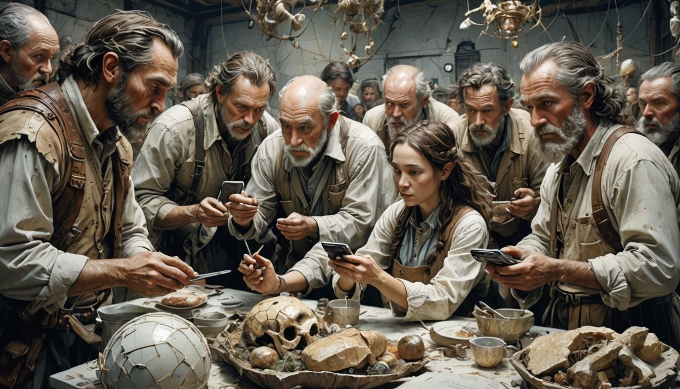Prehistoric Humans and iPhone in Maximalist Style