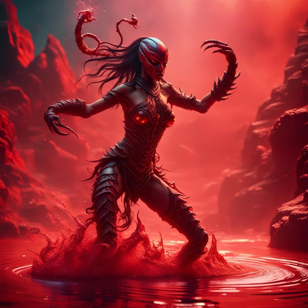 Scorpion Woman Dancing in Red Water