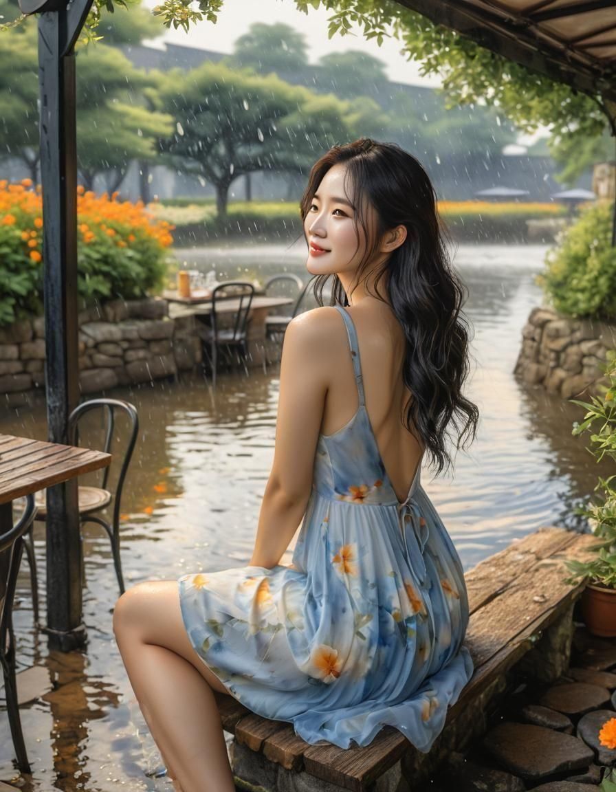 Watercolor Portrait of Woman in Rainy Cafe Scene