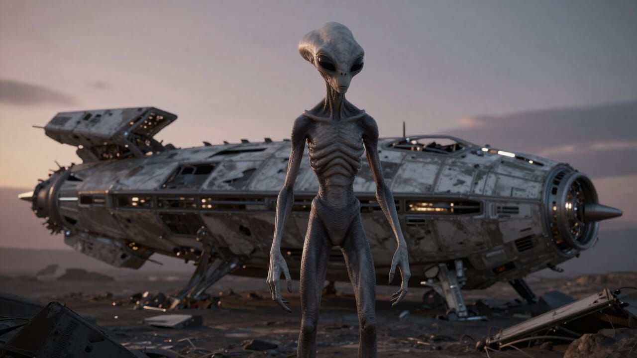 Grey Alien Dazed By Crashed Spaceship