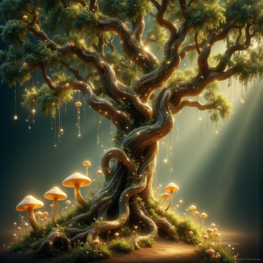 Ancient Oak Tree with Kind Face in Enchanted Forest