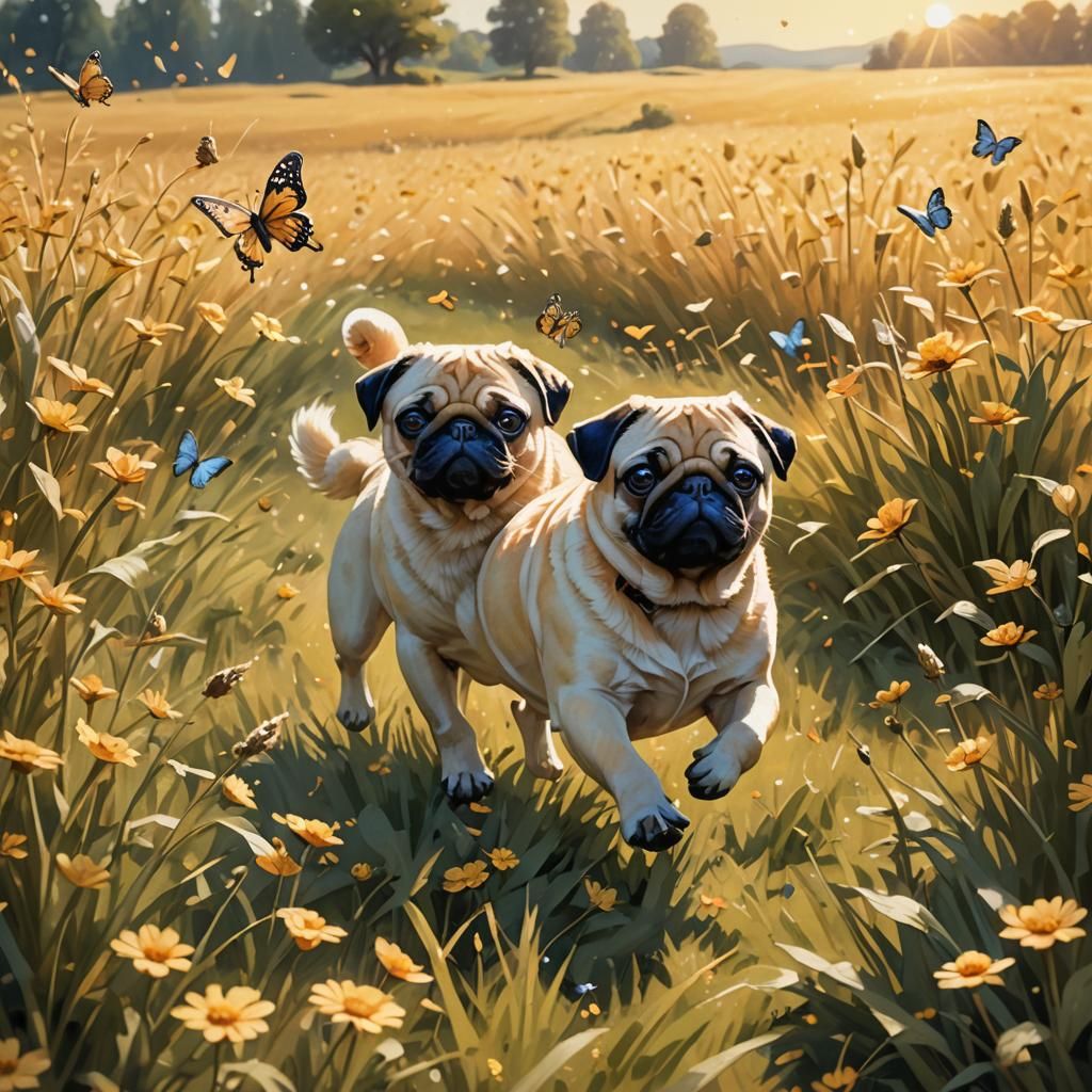 Golden Pug's Butterfly Chase: Watercolor Dreamscape