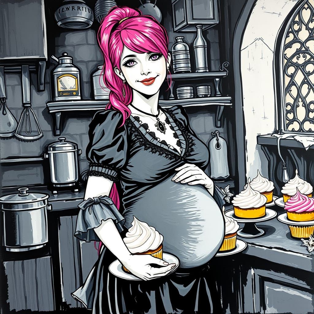Gothic Goddess of Cupcakes in Black and White