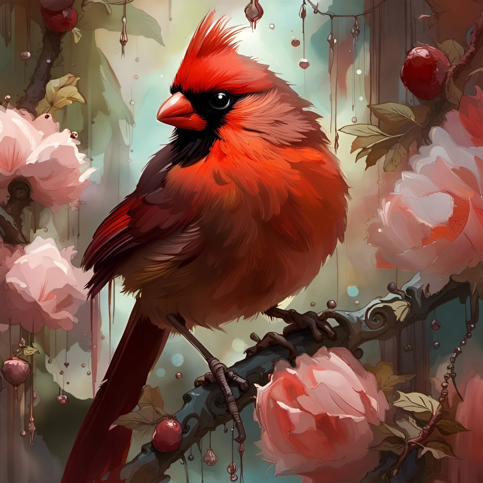 Chibi Cardinal in a Garden, Digital Art